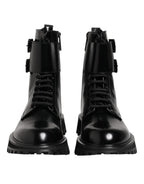 Black Leather Lace Up Mid Calf Boots Shoes