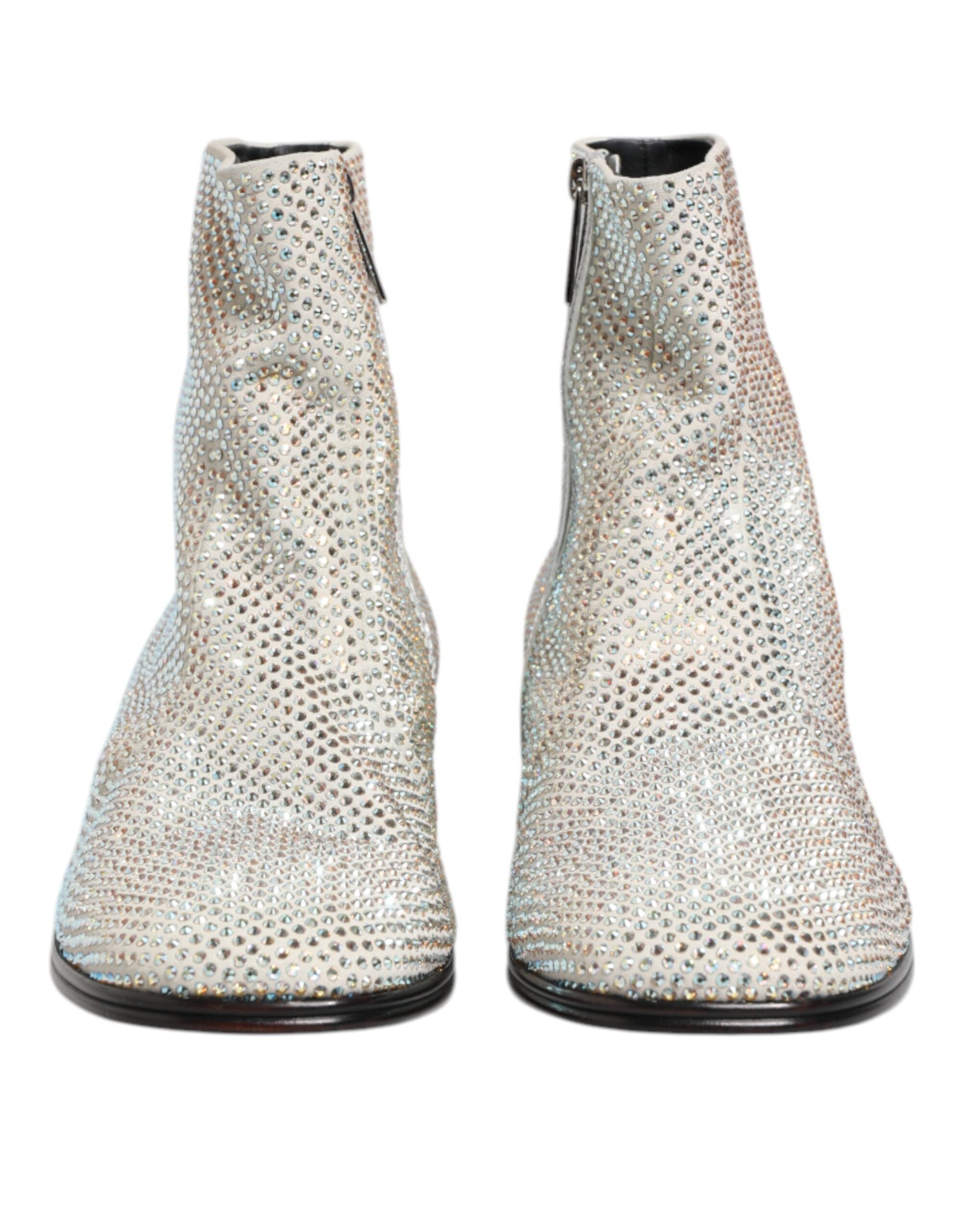 White Rhinestone DG Logo High-Heel Ankle Boots