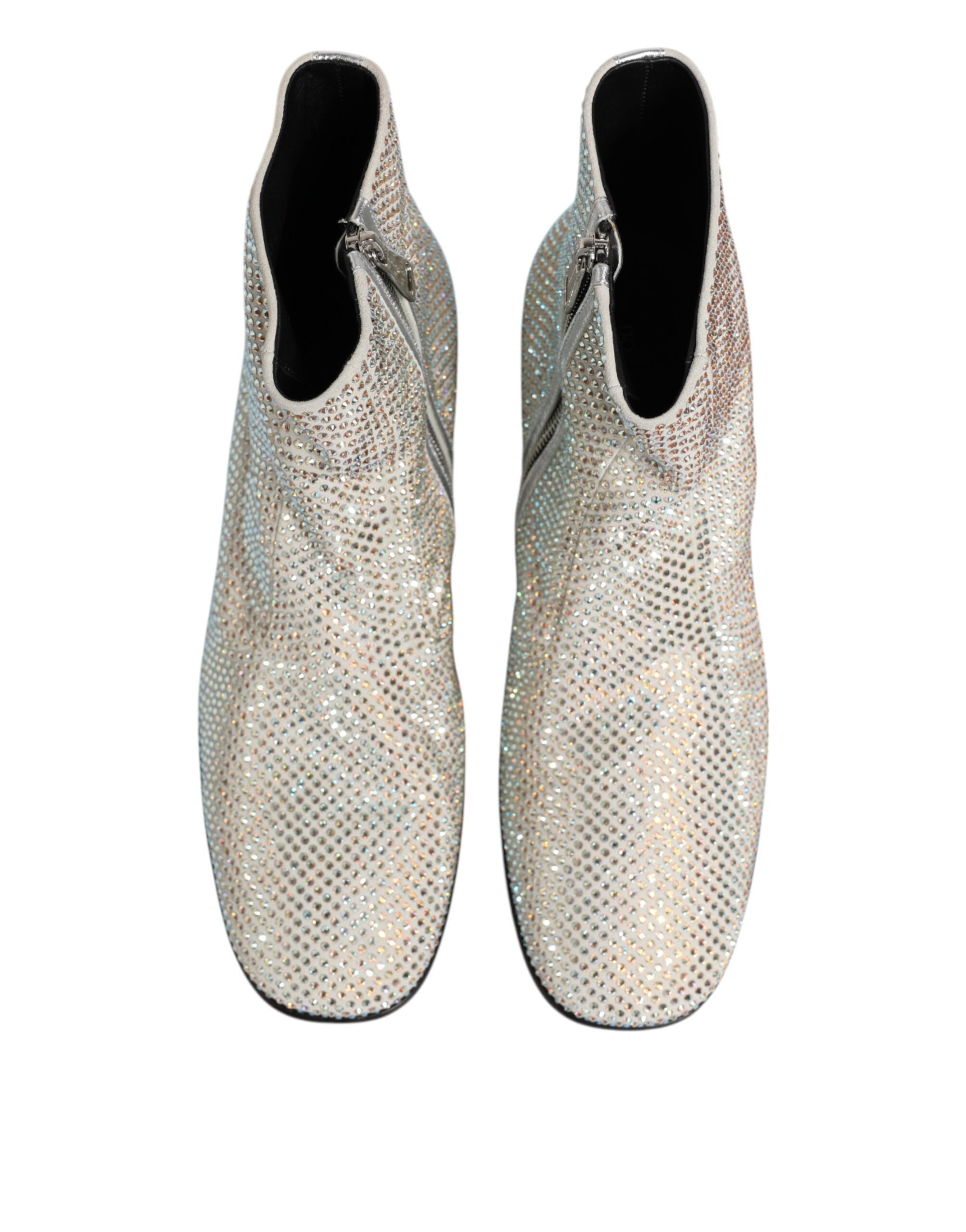 White Rhinestone DG Logo High-Heel Ankle Boots