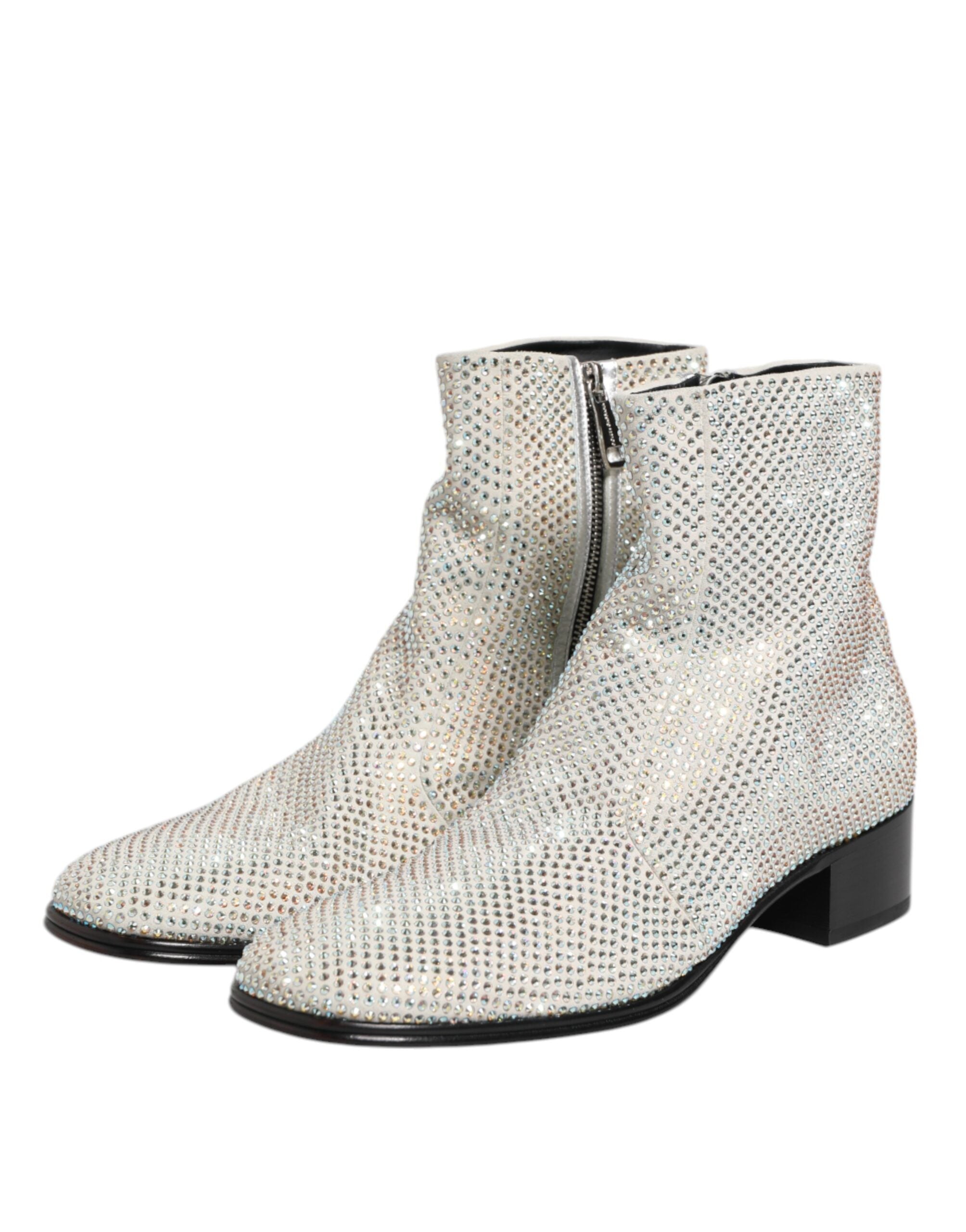 White Rhinestone DG Logo High-Heel Ankle Boots