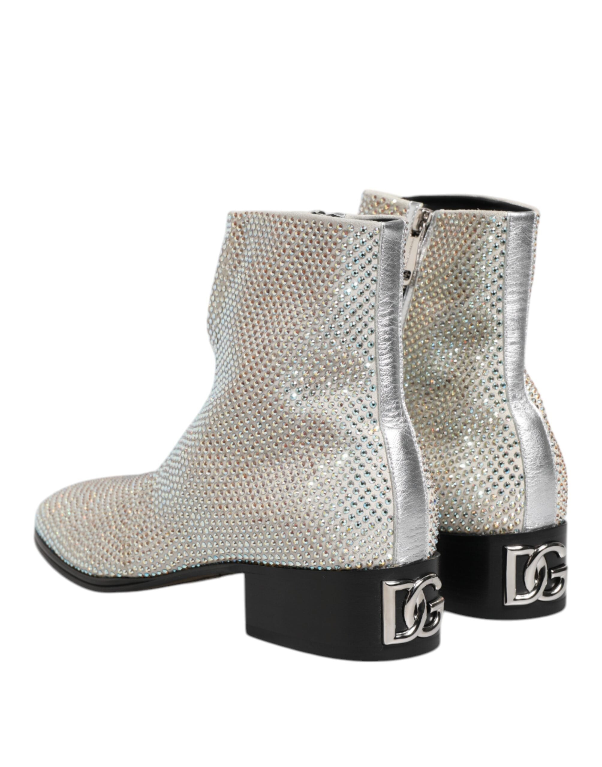 White Rhinestone DG Logo High-Heel Ankle Boots