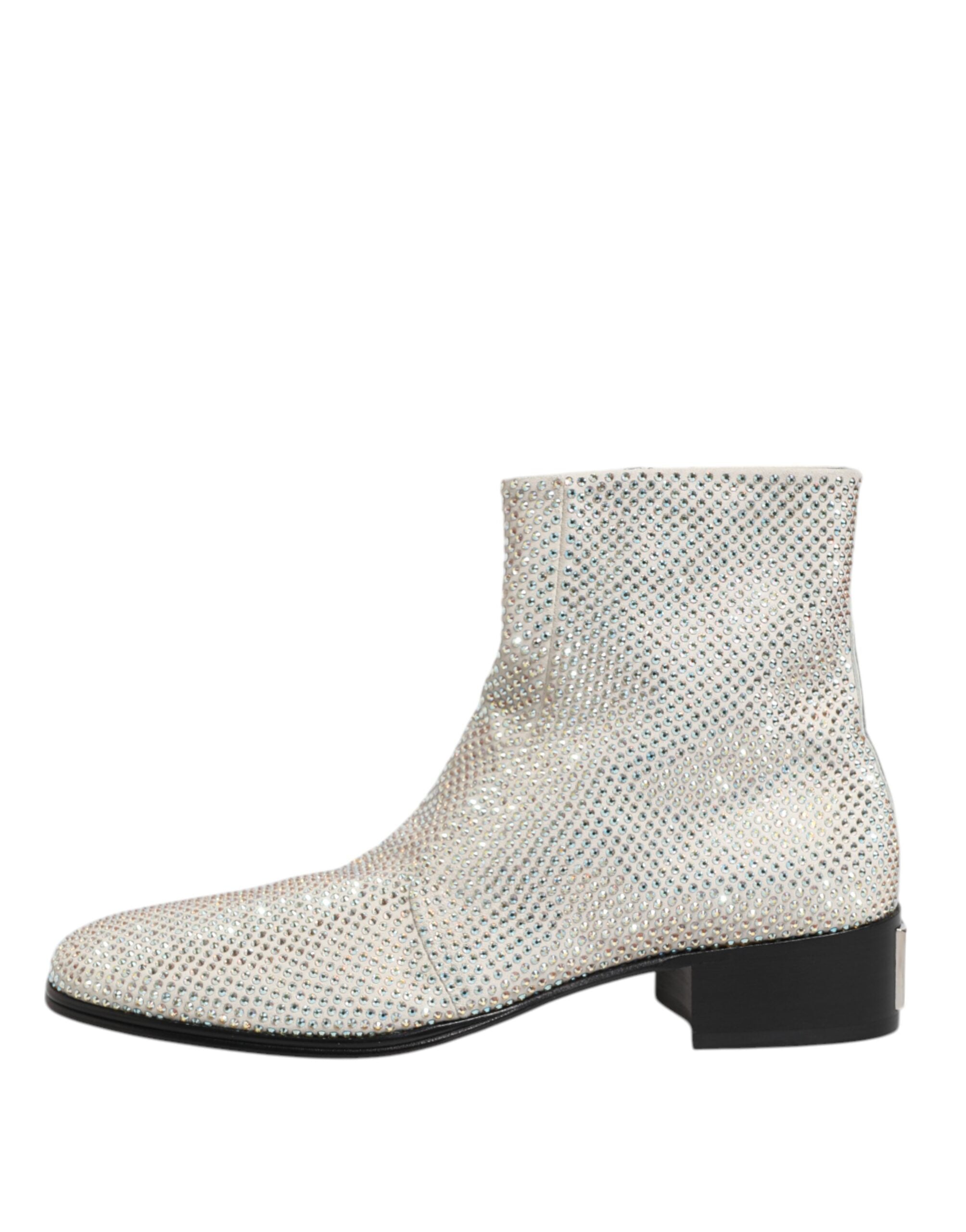 White Rhinestone DG Logo High-Heel Ankle Boots