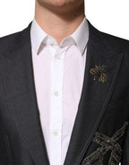 Dunkelgrauer Wollmantel-Blazer mit Bienenstickerei