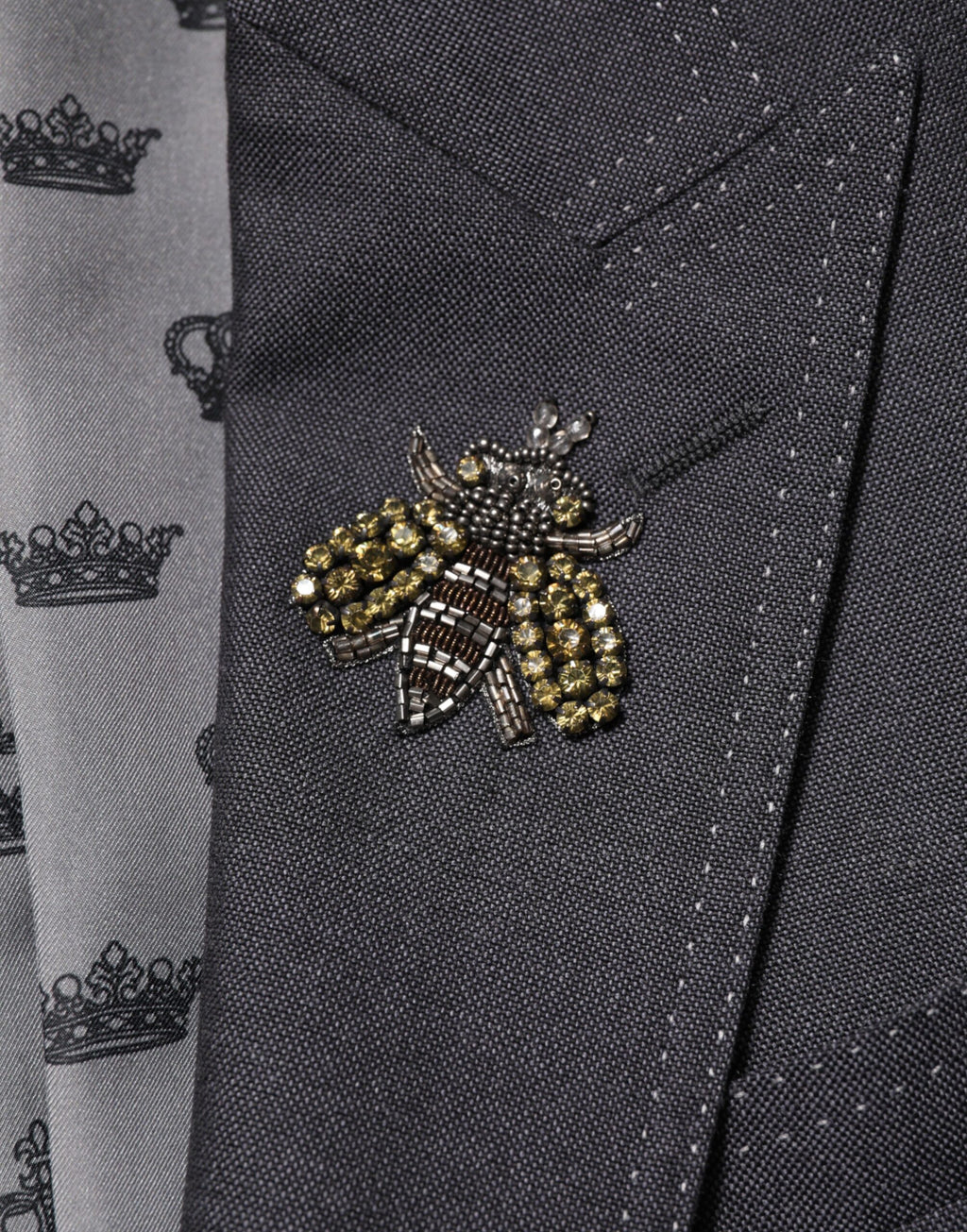 Dunkelgrauer Wollmantel-Blazer mit Bienenstickerei