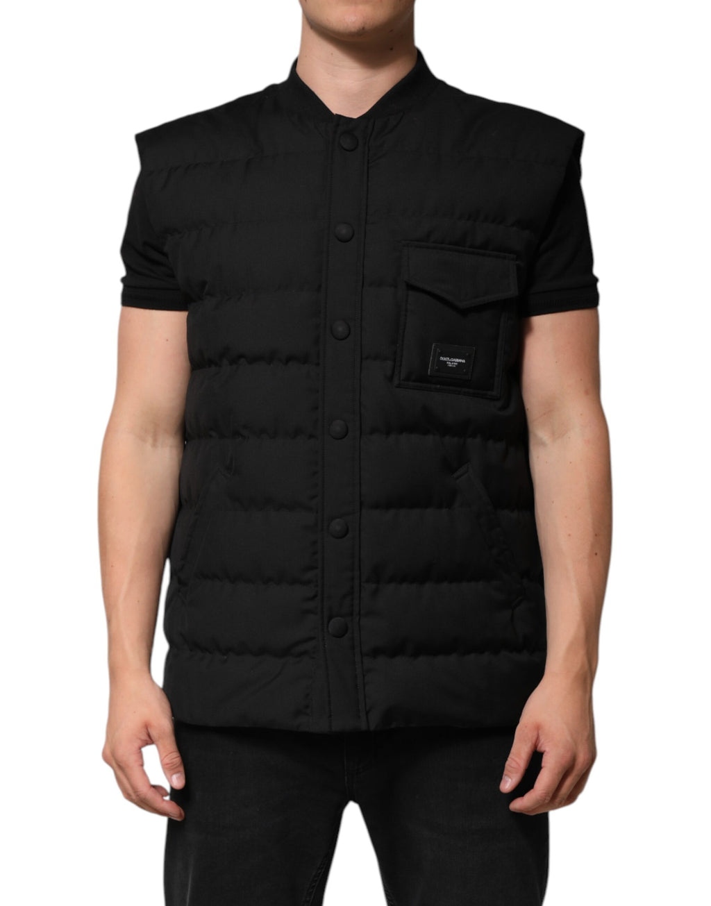 Schwarze ärmellose Parka-Jacke mit Logo-Plakette