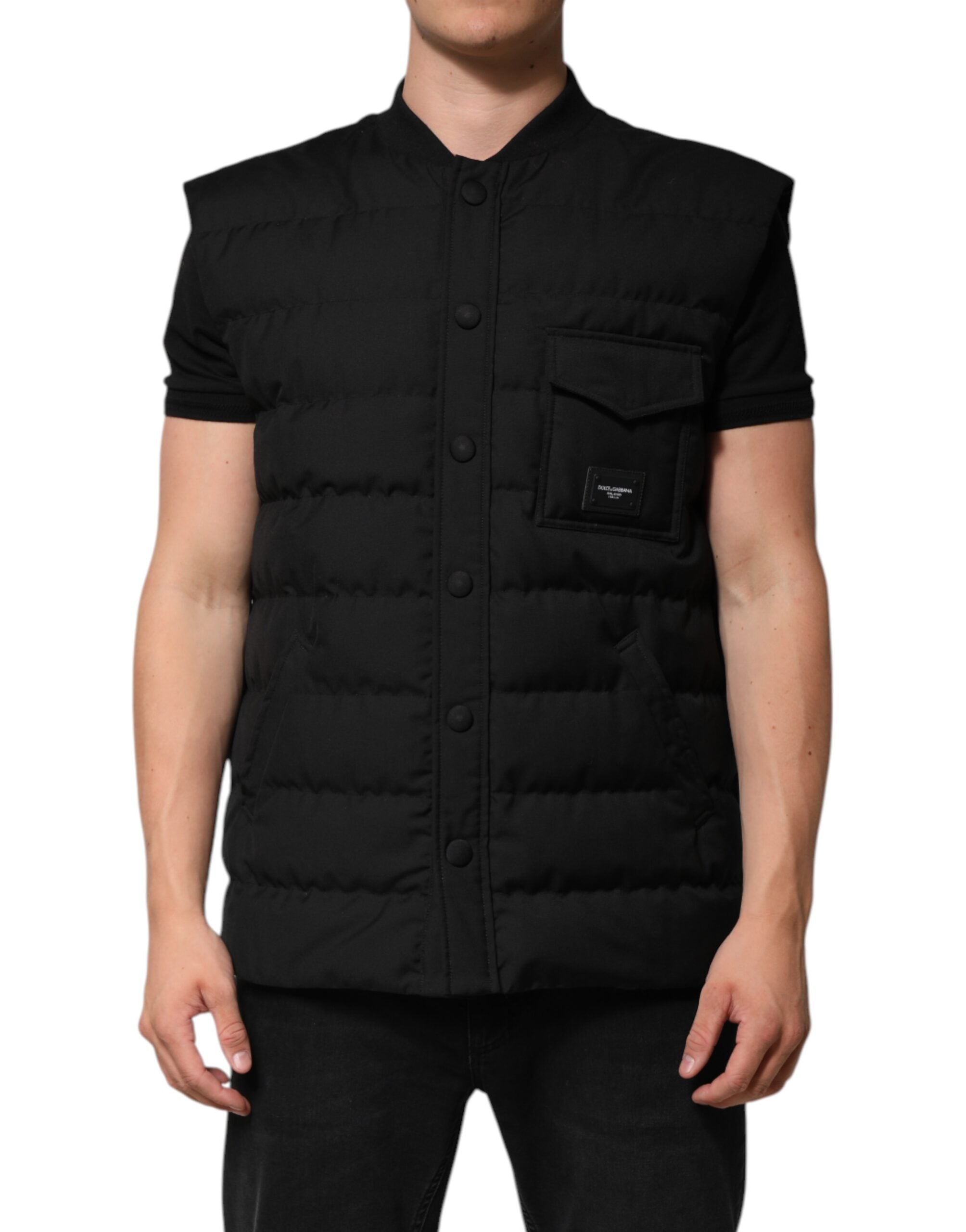 Schwarze ärmellose Parka-Jacke mit Logo-Plakette