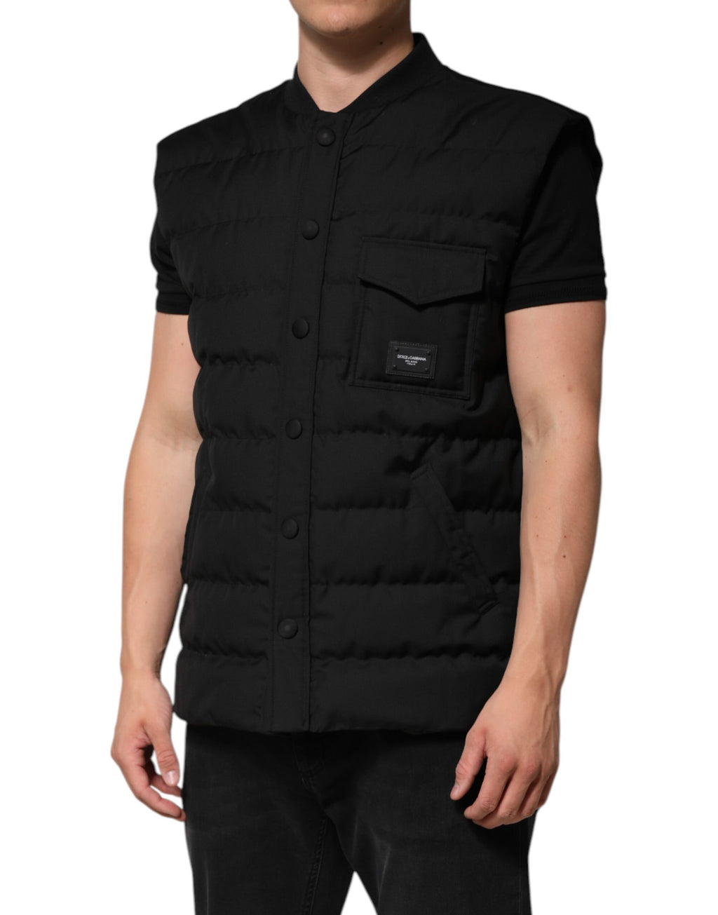 Schwarze ärmellose Parka-Jacke mit Logo-Plakette