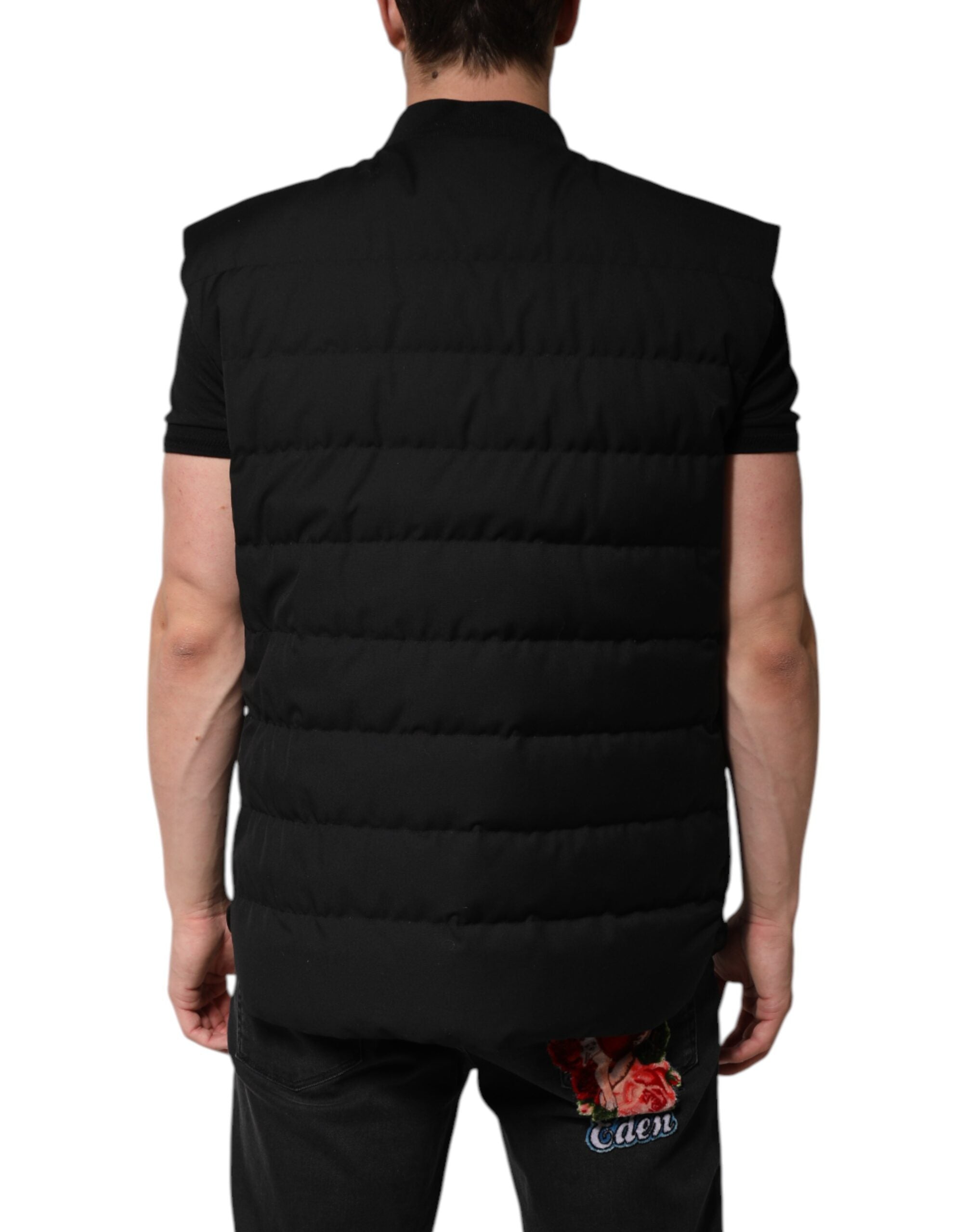 Schwarze ärmellose Parka-Jacke mit Logo-Plakette