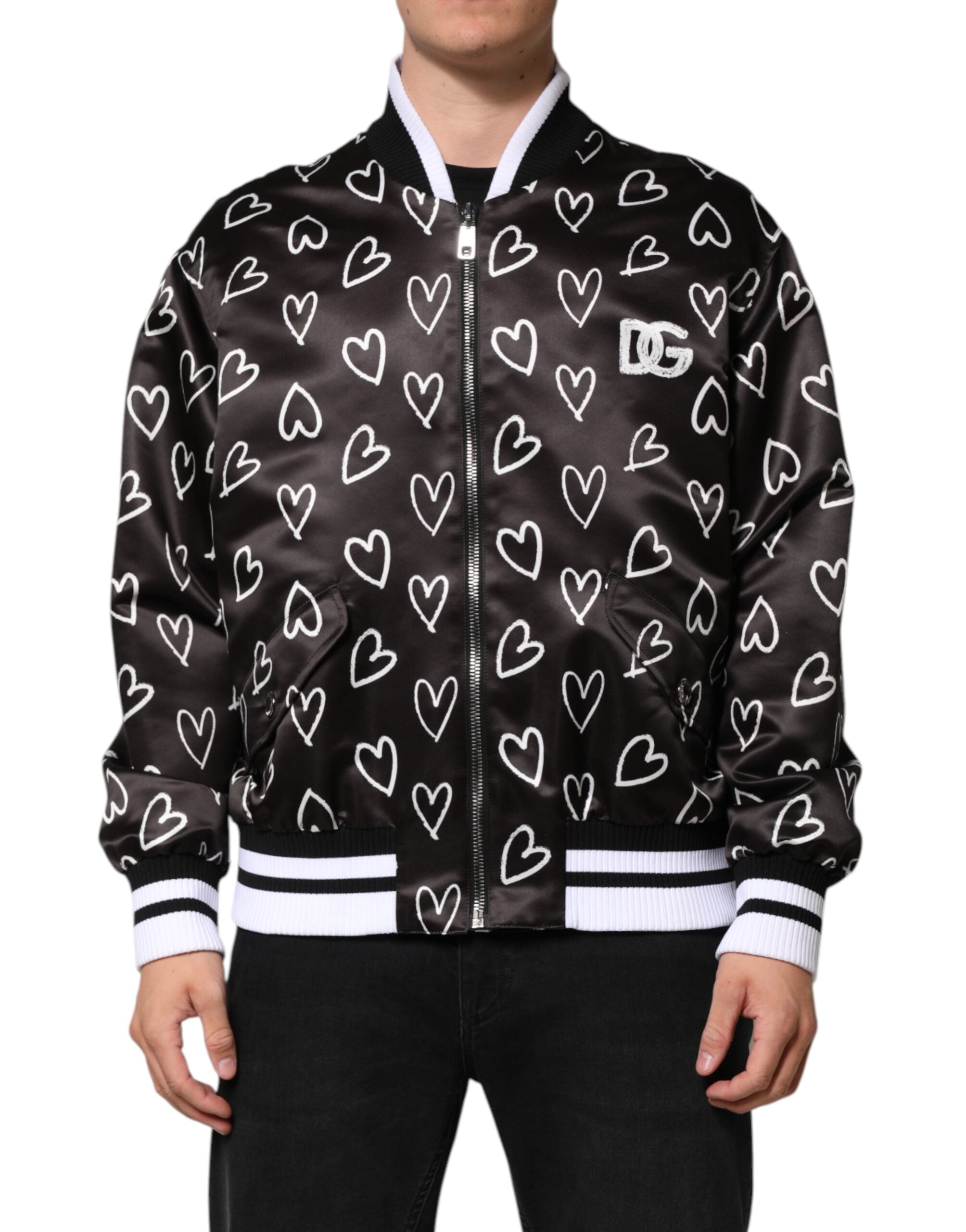 Schwarze Bomberjacke aus Polyester mit Herzprint