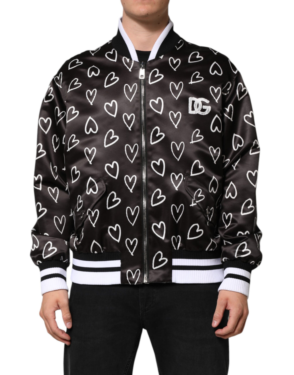 Schwarze Bomberjacke aus Polyester mit Herzprint