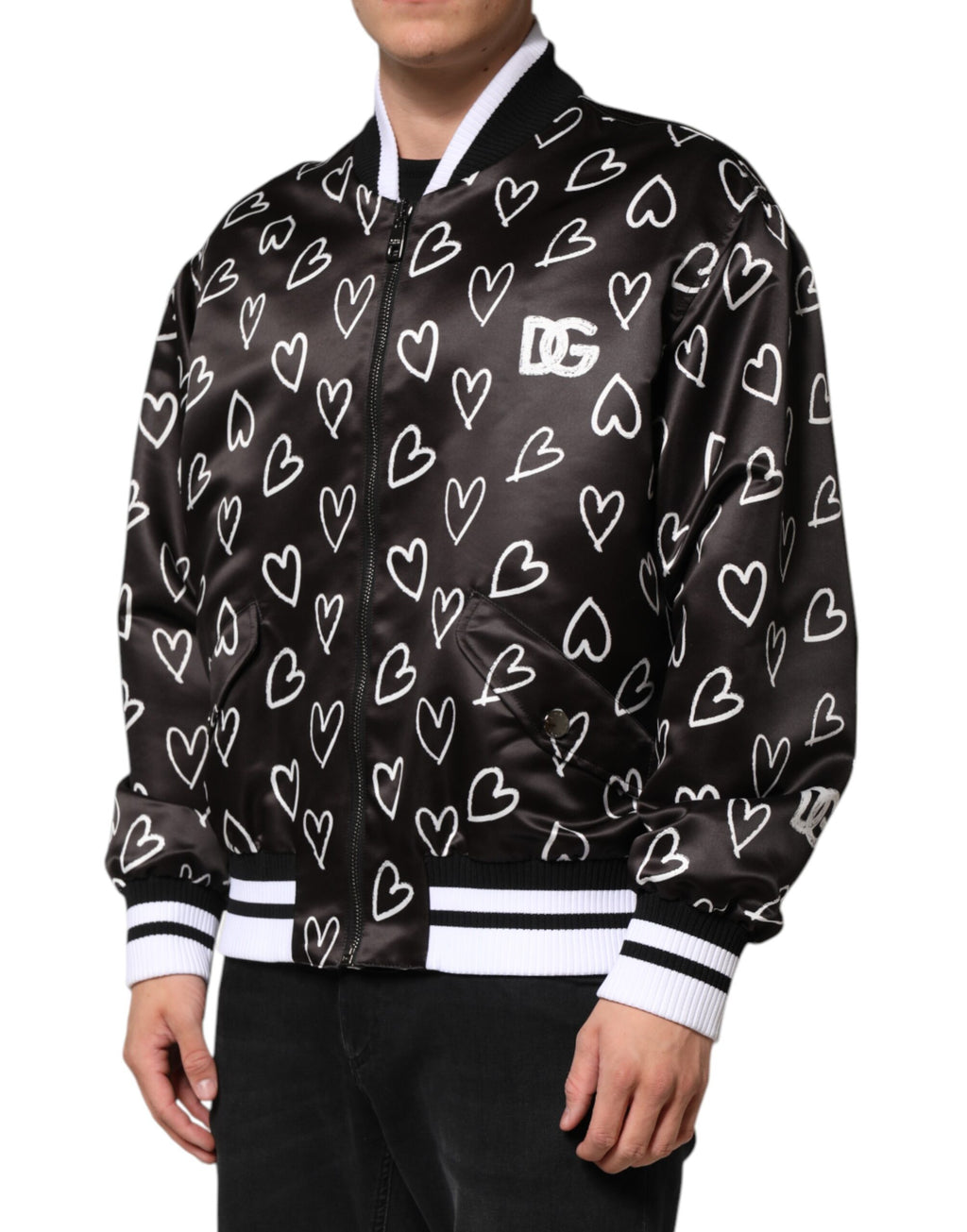 Schwarze Bomberjacke aus Polyester mit Herzprint