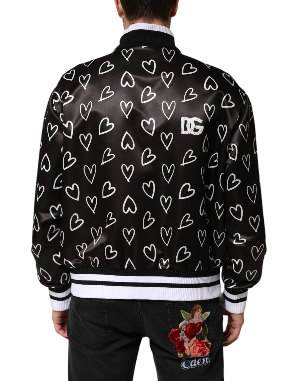 Schwarze Bomberjacke aus Polyester mit Herzprint