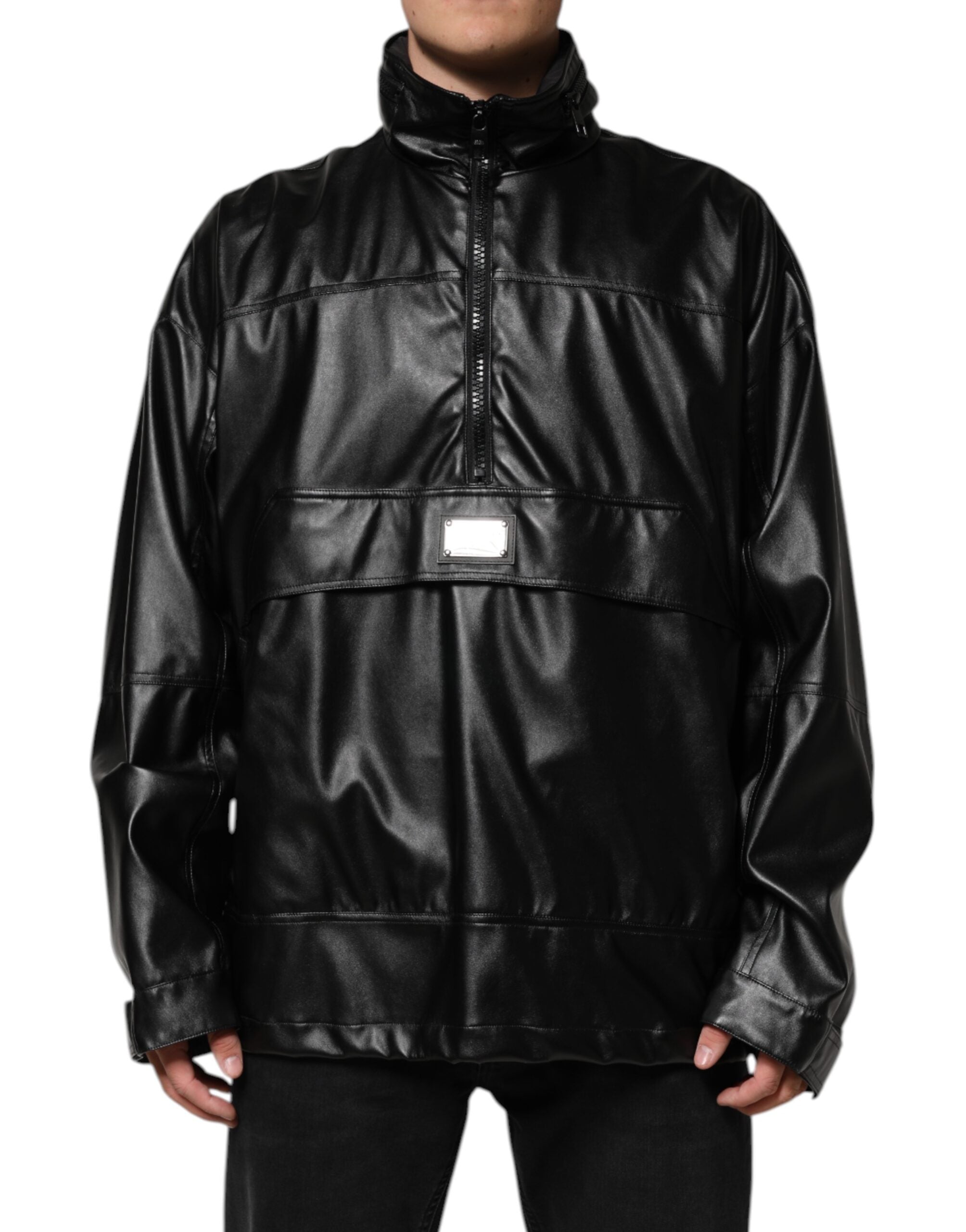 Schwarze Bomberjacke mit Logo-Plakette aus Polyester