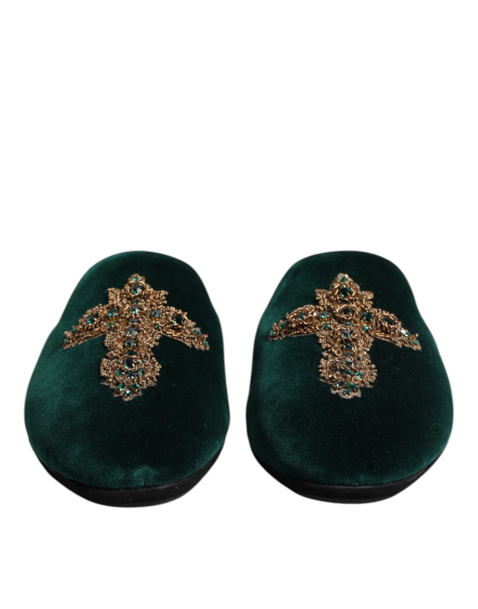 Green Velvet Cross Embellished Slipper Shoes