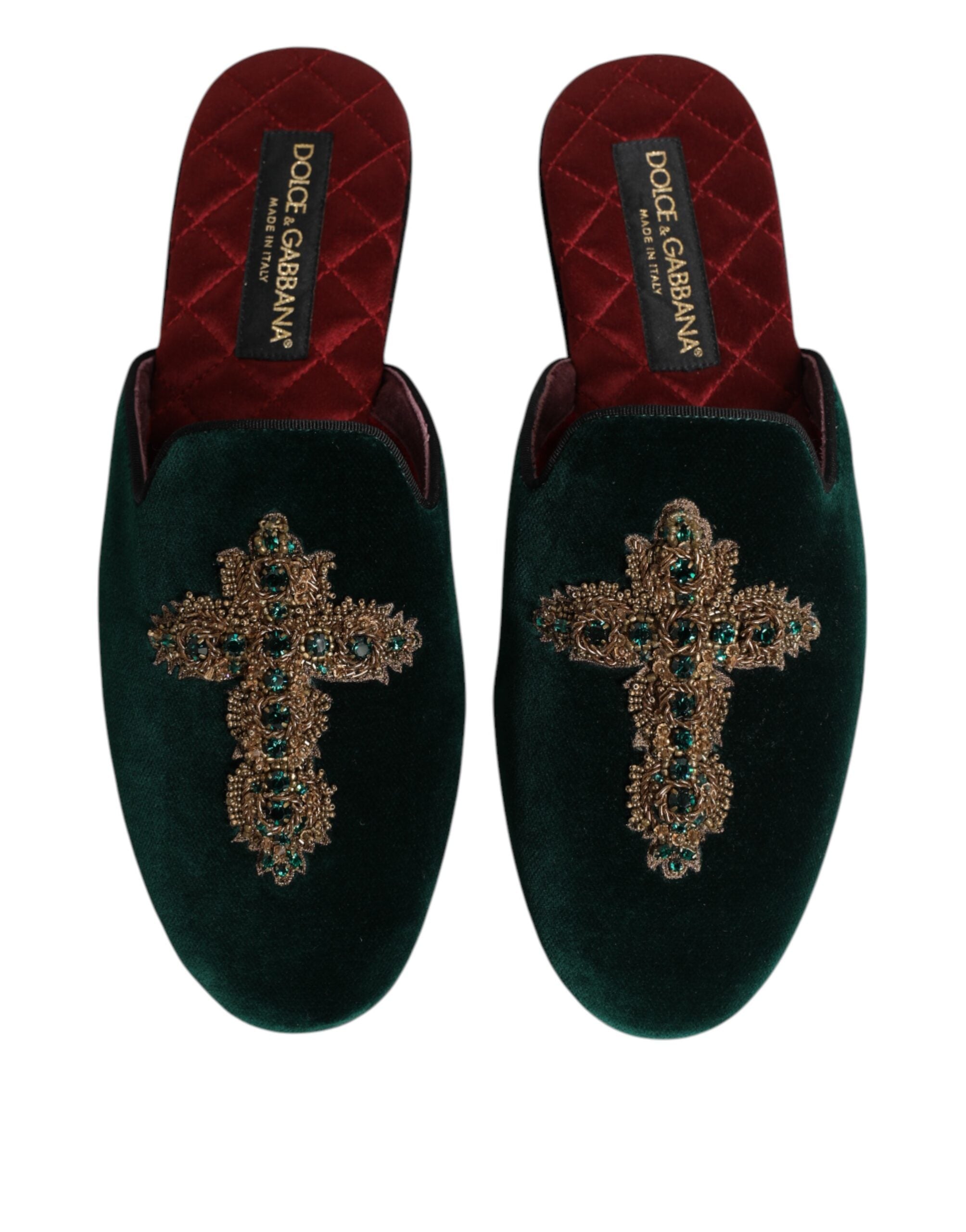 Green Velvet Cross Embellished Slipper Shoes