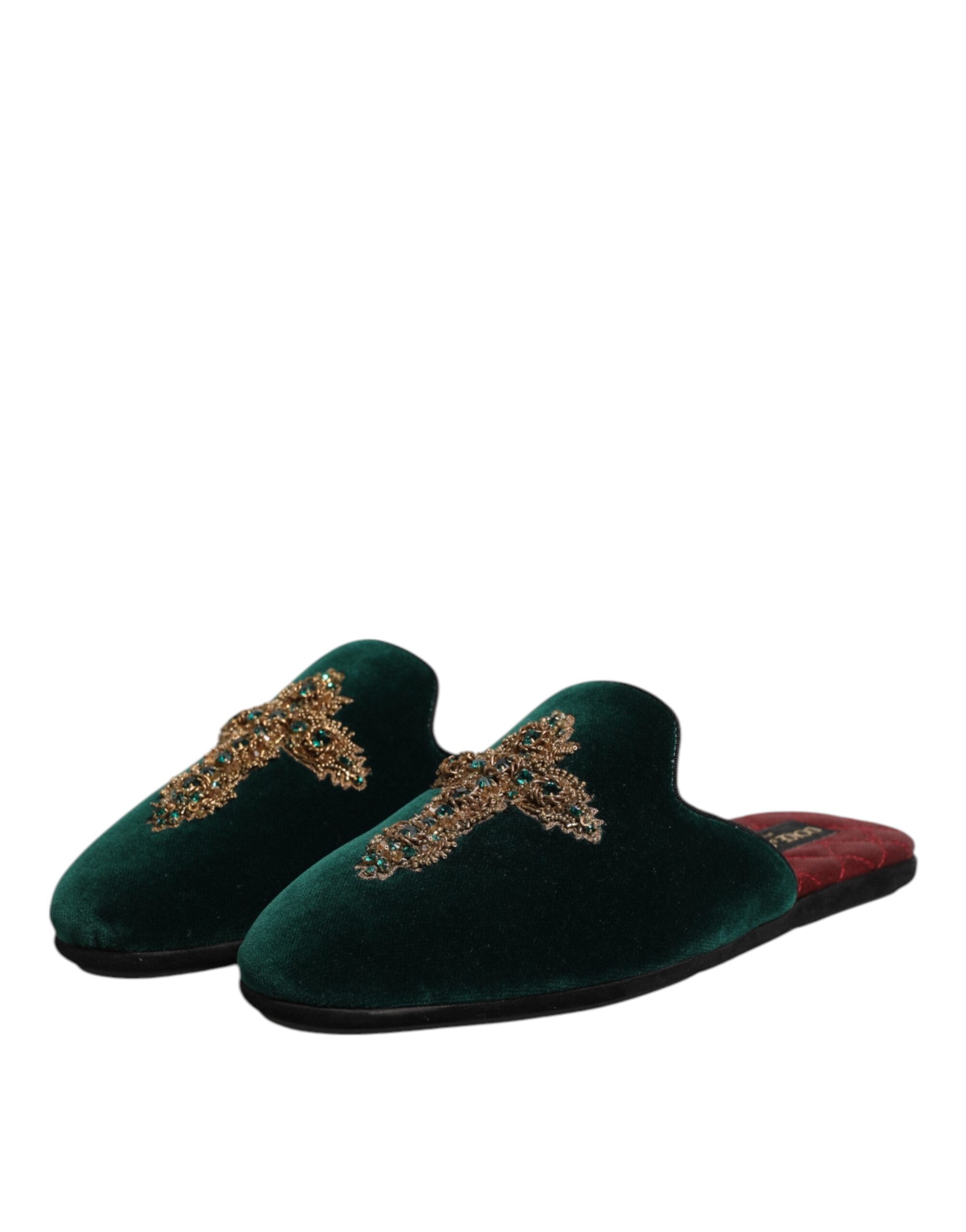 Green Velvet Cross Embellished Slipper Shoes