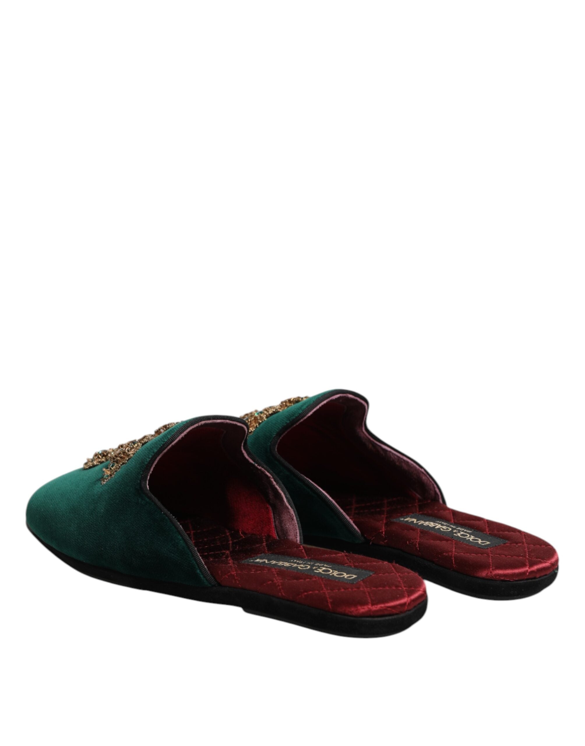 Green Velvet Cross Embellished Slipper Shoes