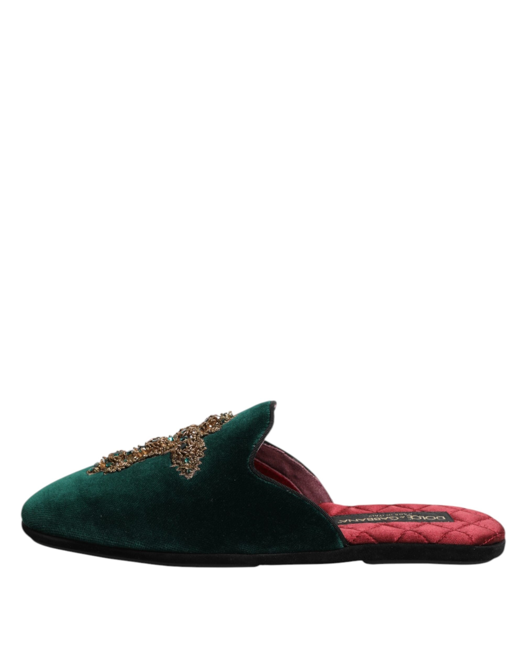 Green Velvet Cross Embellished Slipper Shoes