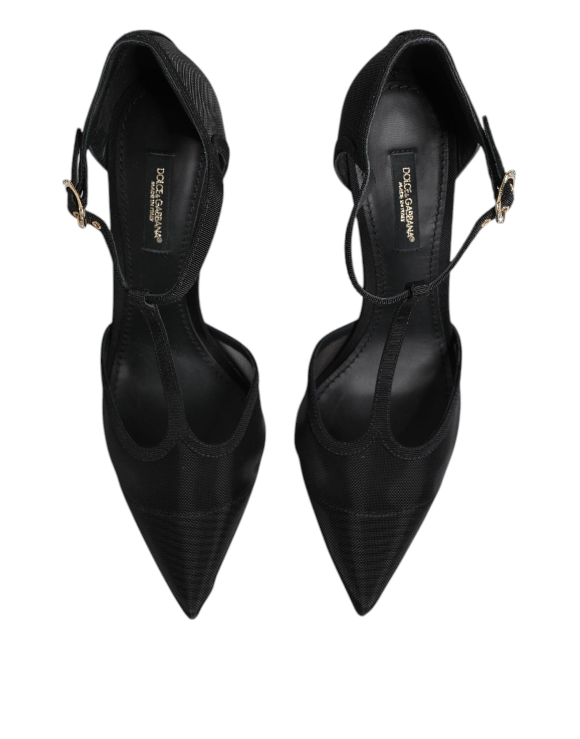 Schwarze High Heels mit T-Riemen aus Mesh