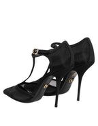 Schwarze High Heels mit T-Riemen aus Mesh