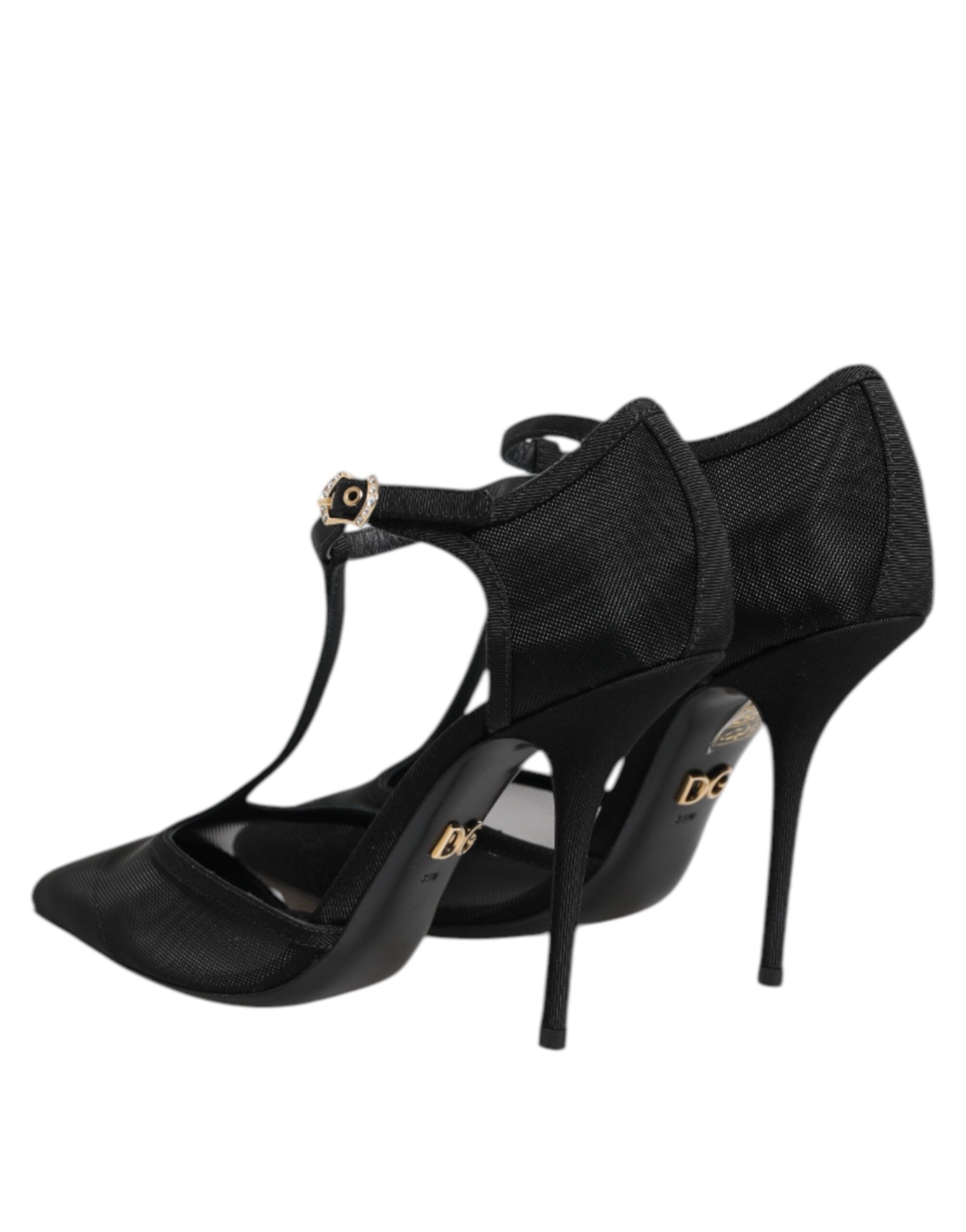 Schwarze High Heels mit T-Riemen aus Mesh