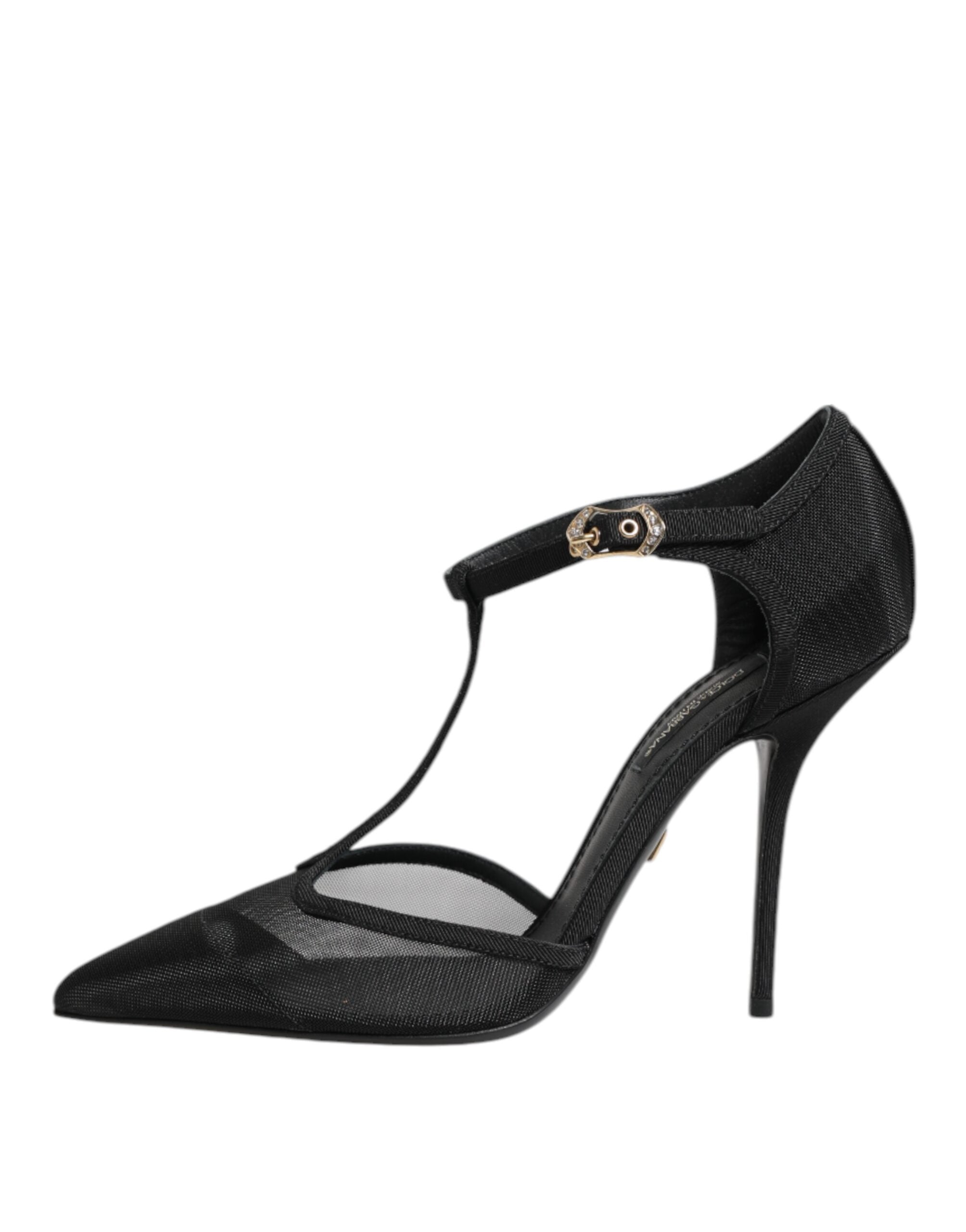 Schwarze High Heels mit T-Riemen aus Mesh