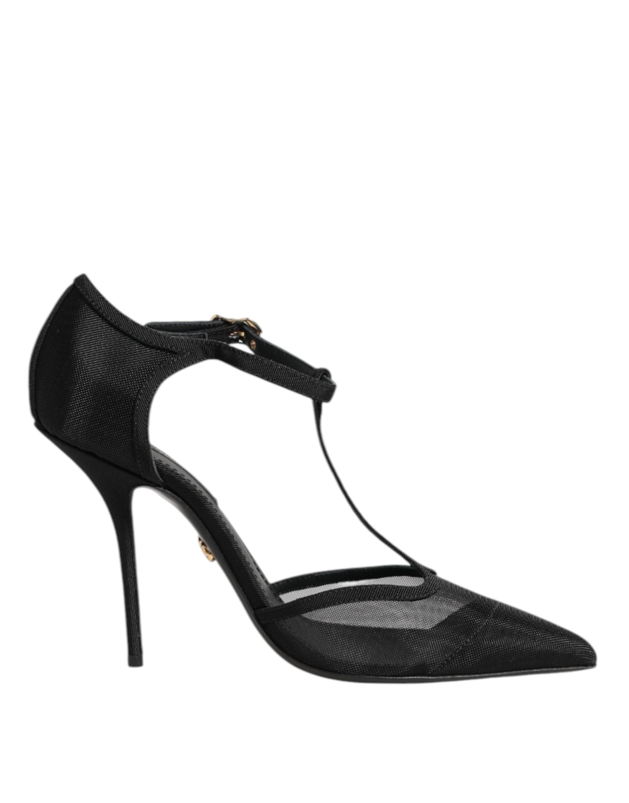 Schwarze High Heels mit T-Riemen aus Mesh