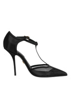Schwarze High Heels mit T-Riemen aus Mesh