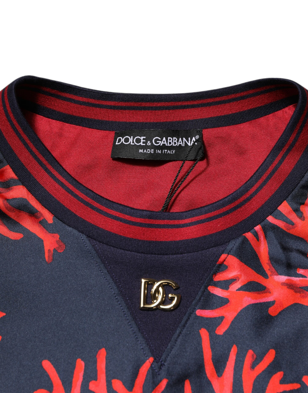 Navy Red Silk Coral Print Pullover Sweater
