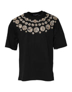 Schwarzes Baumwoll-T-Shirt mit Münz-Print und Rundhalsausschnitt