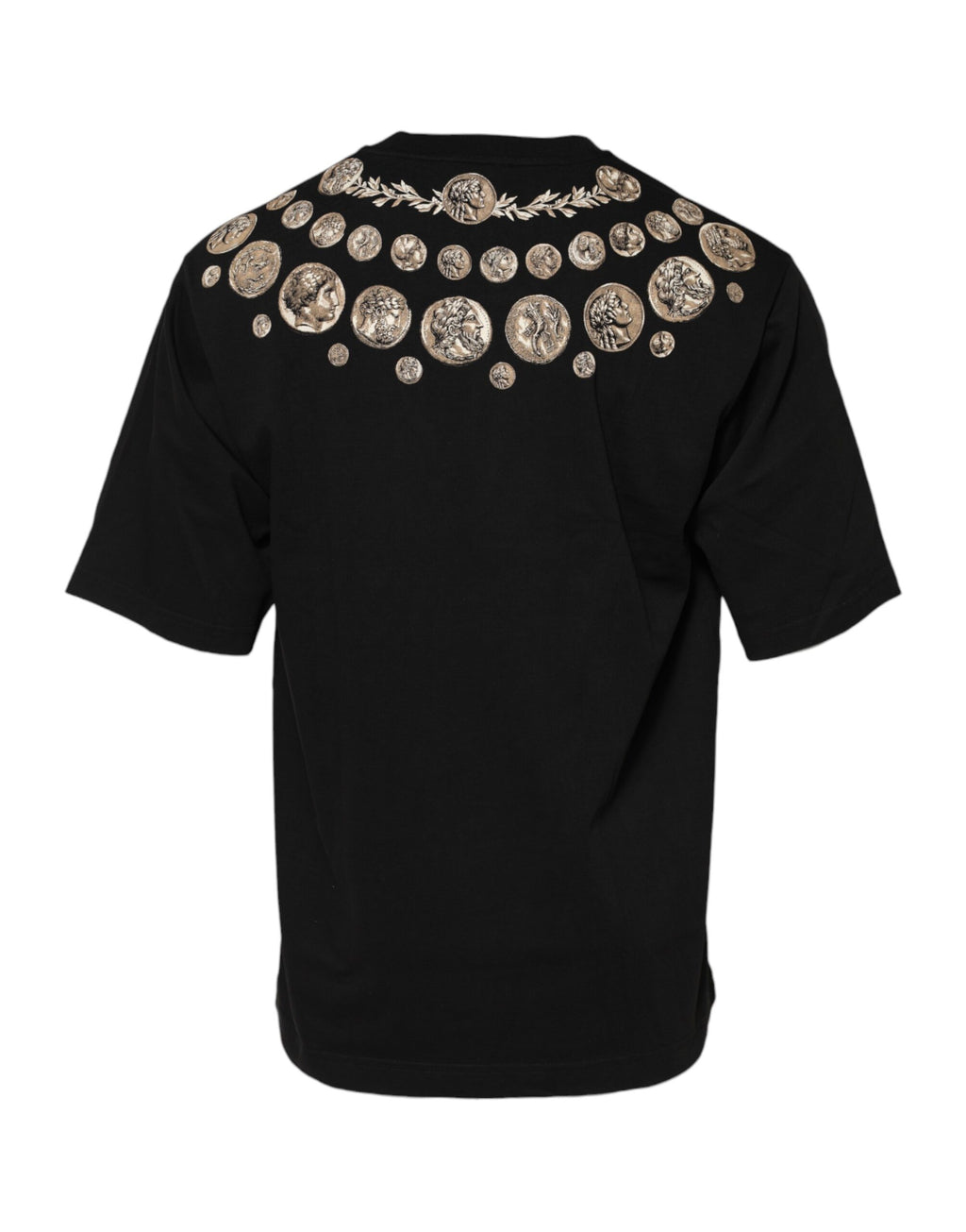 Schwarzes Baumwoll-T-Shirt mit Münz-Print und Rundhalsausschnitt