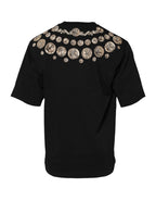 Schwarzes Baumwoll-T-Shirt mit Münz-Print und Rundhalsausschnitt