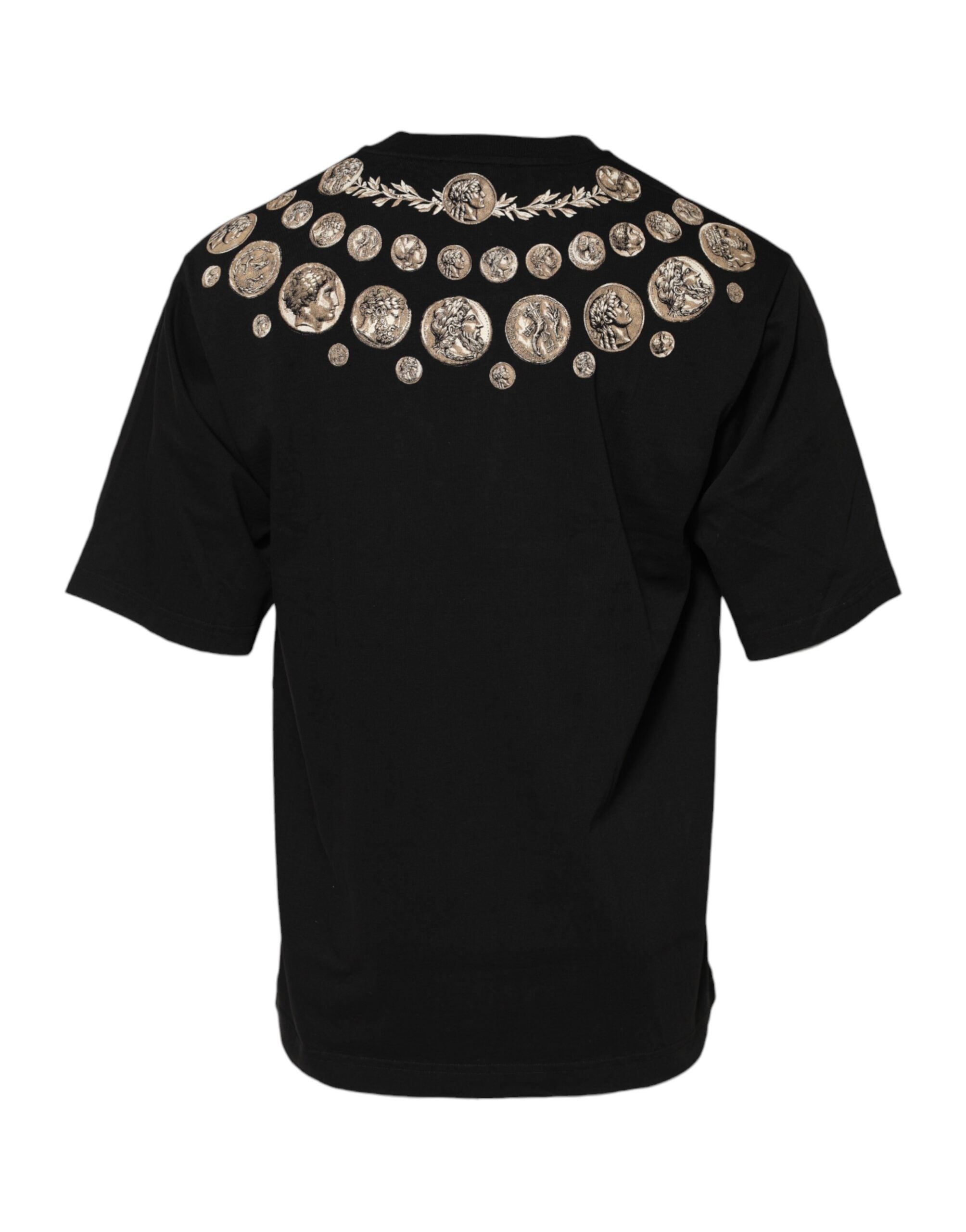 Schwarzes Baumwoll-T-Shirt mit Münz-Print und Rundhalsausschnitt