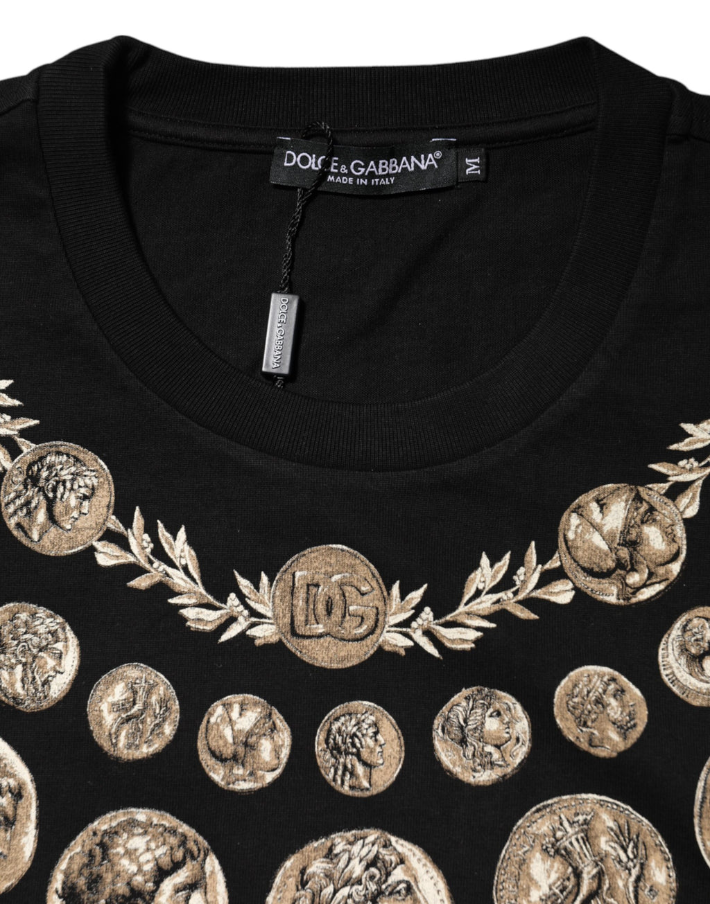 Schwarzes Baumwoll-T-Shirt mit Münz-Print und Rundhalsausschnitt