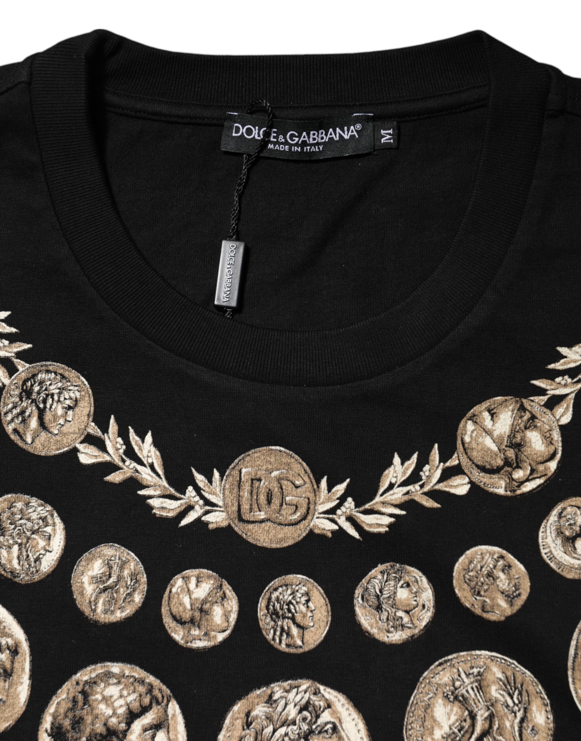 Schwarzes Baumwoll-T-Shirt mit Münz-Print und Rundhalsausschnitt