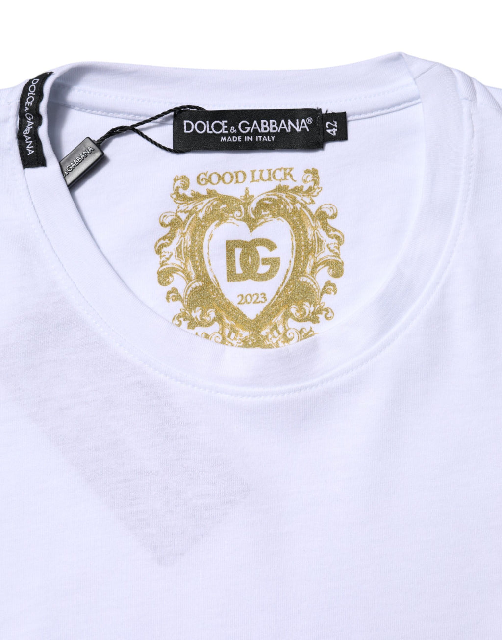 Weißes Baumwoll-T-Shirt Goodluck 2023 mit Rundhalsausschnitt