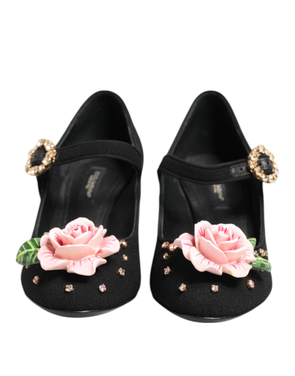 Schwarze, blumenverzierte Mary Jane Schuhe mit Kristallbesatz