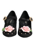 Schwarze, blumenverzierte Mary Jane Schuhe mit Kristallbesatz