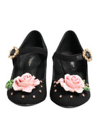 Schwarze, blumenverzierte Mary Jane Schuhe mit Kristallbesatz
