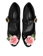 Schwarze, blumenverzierte Mary Jane Schuhe mit Kristallbesatz