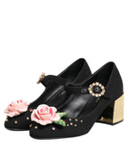 Schwarze, blumenverzierte Mary Jane Schuhe mit Kristallbesatz
