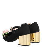 Schwarze, blumenverzierte Mary Jane Schuhe mit Kristallbesatz