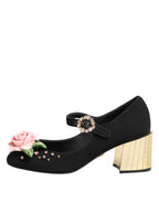 Schwarze, blumenverzierte Mary Jane Schuhe mit Kristallbesatz