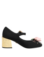 Schwarze, blumenverzierte Mary Jane Schuhe mit Kristallbesatz
