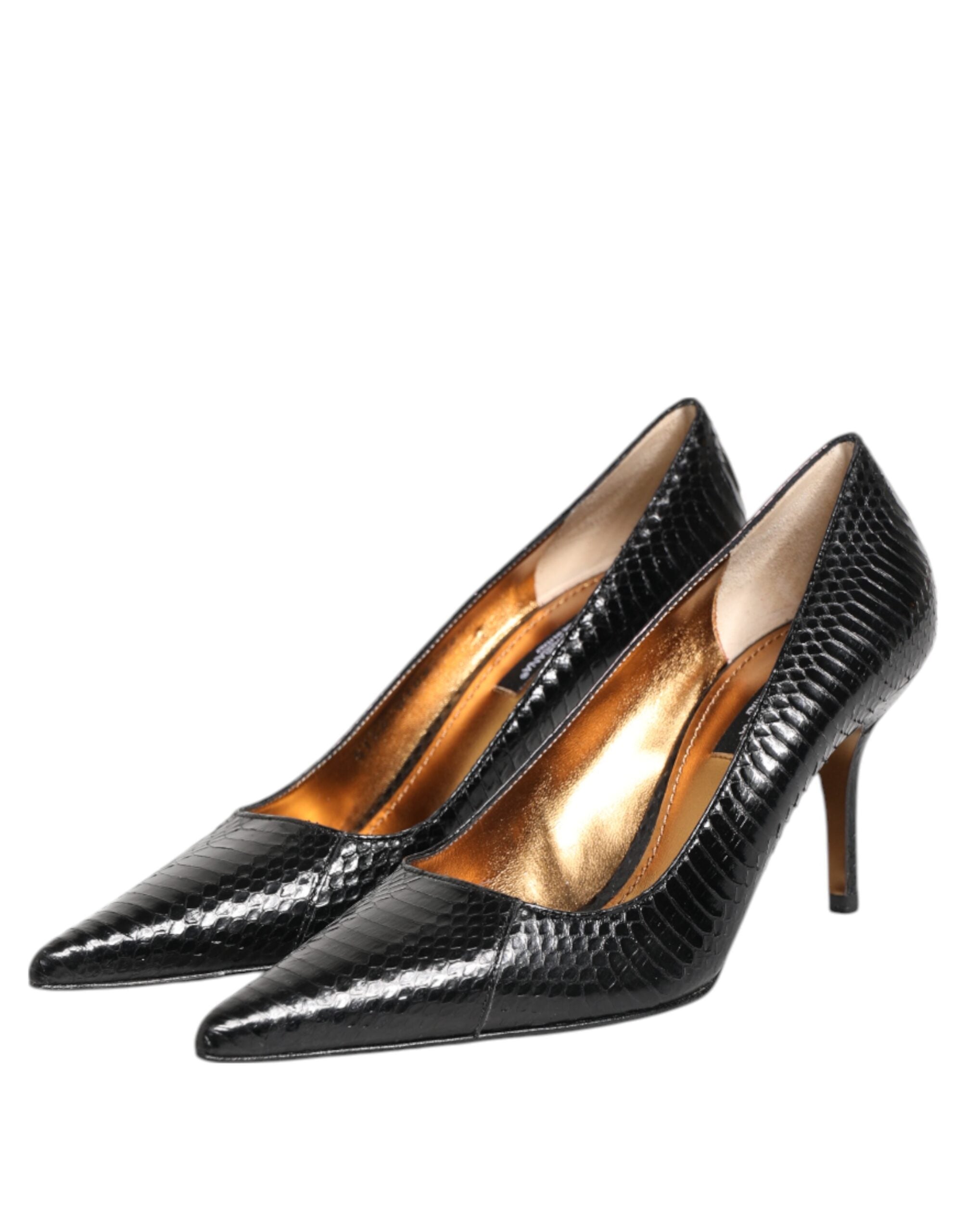 Scarpe Nere Décolleté Stiletto in Pelle Esotica