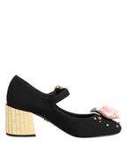 Black Flower Crystal Embellished Mary Jane Shoes