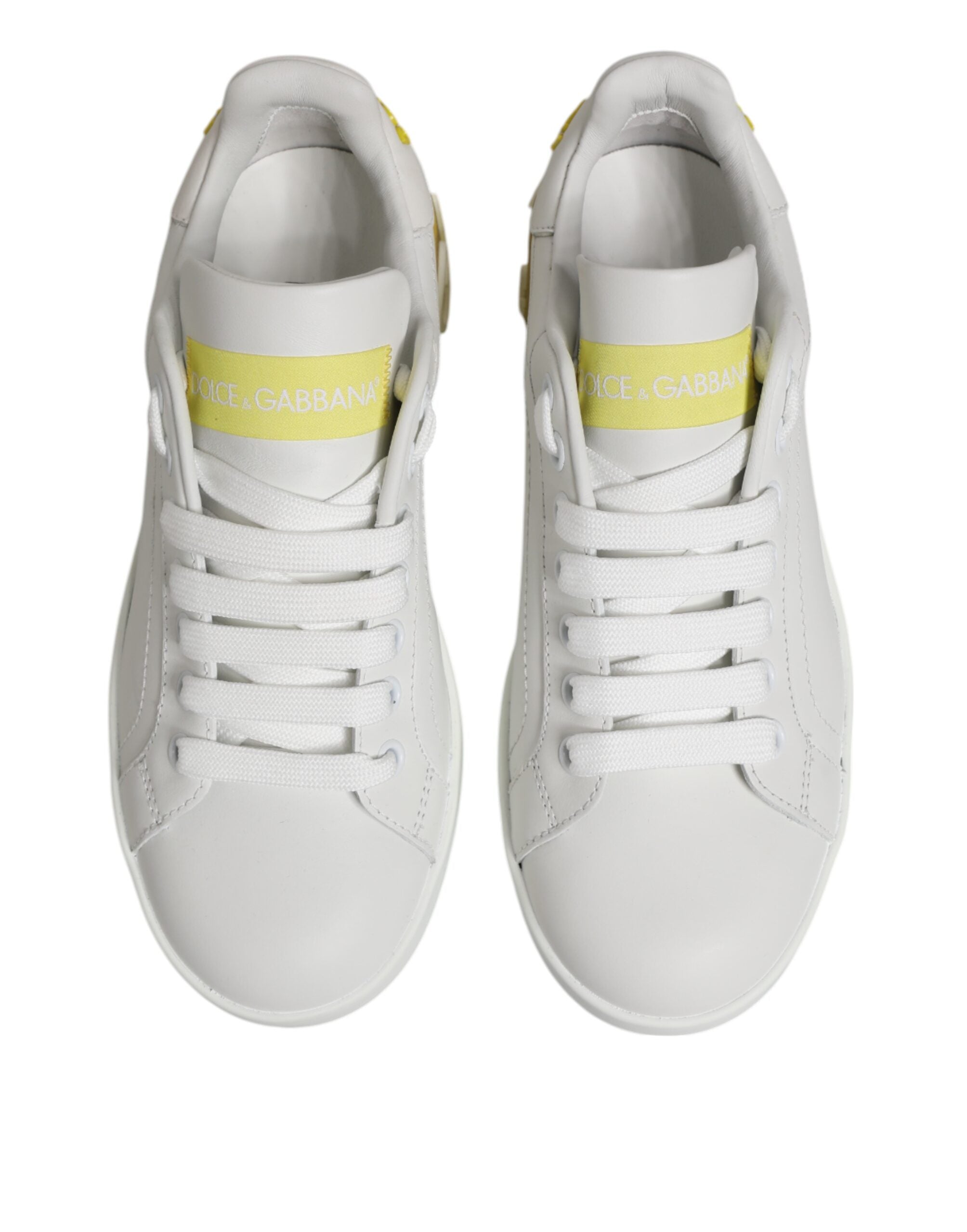 Weiße Gelbe Leder-Low-Top-Sneakers