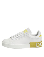 Weiße Gelbe Leder-Low-Top-Sneakers