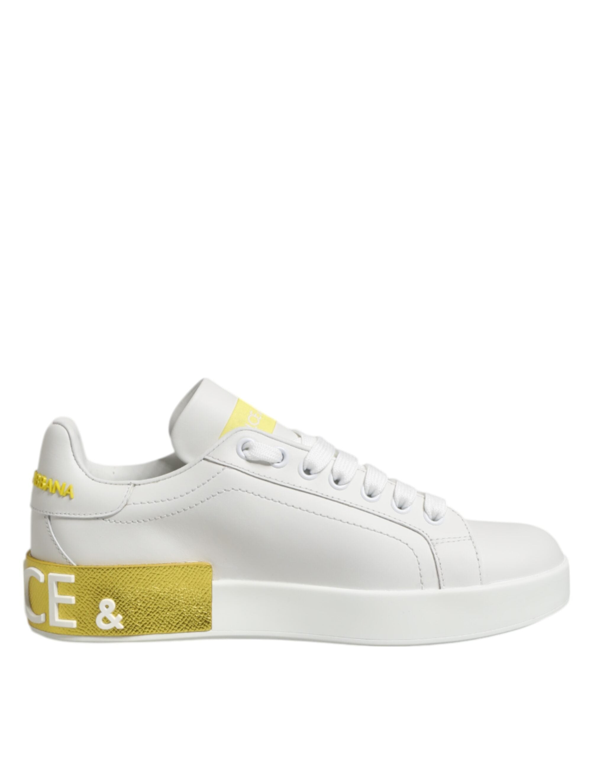 Weiße Gelbe Leder-Low-Top-Sneakers