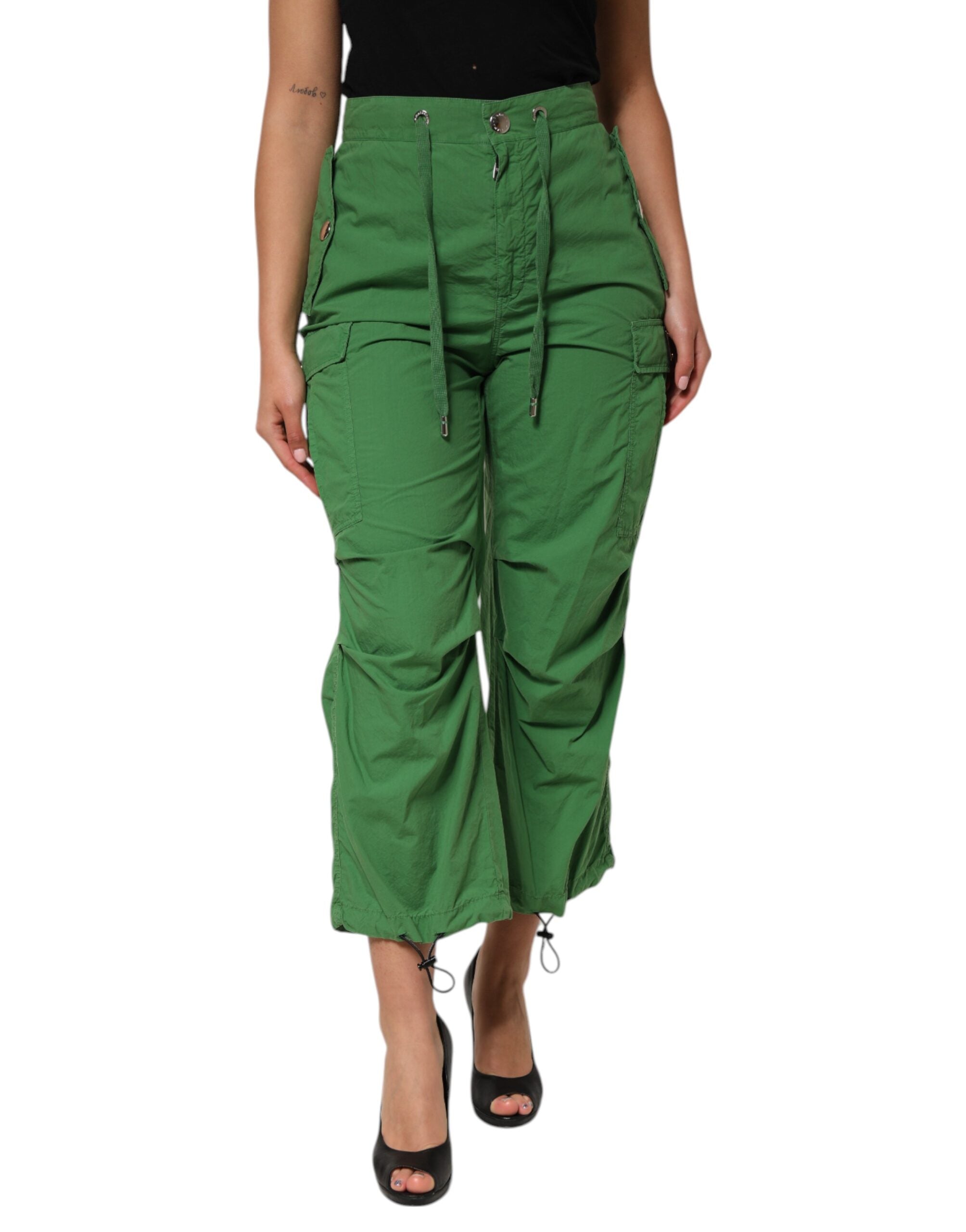 Grüne High Waist Cargo-Hose aus Baumwolle